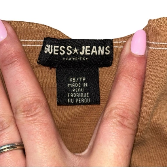 Guess Jeans Tan Lettuce Trim Sleeveless Blouse Women’s XS Draw String Waist Y2K - Picture 8 of 12